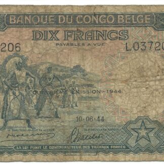 10 francs 1944 Belgian Congo Pick 14D 10.06.44 Belge Belgisch p f