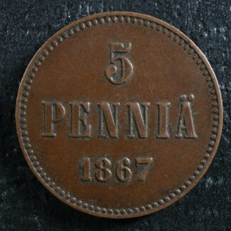 5 penniä 1867 Finland KM#4.1 Copper Finlande Suomi pennia