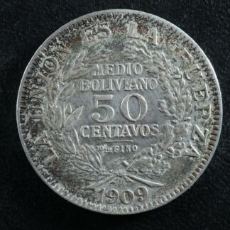 50 centavos 1909H Bolivia KM#177 silver Bolivie Medio Boliviano 1/2