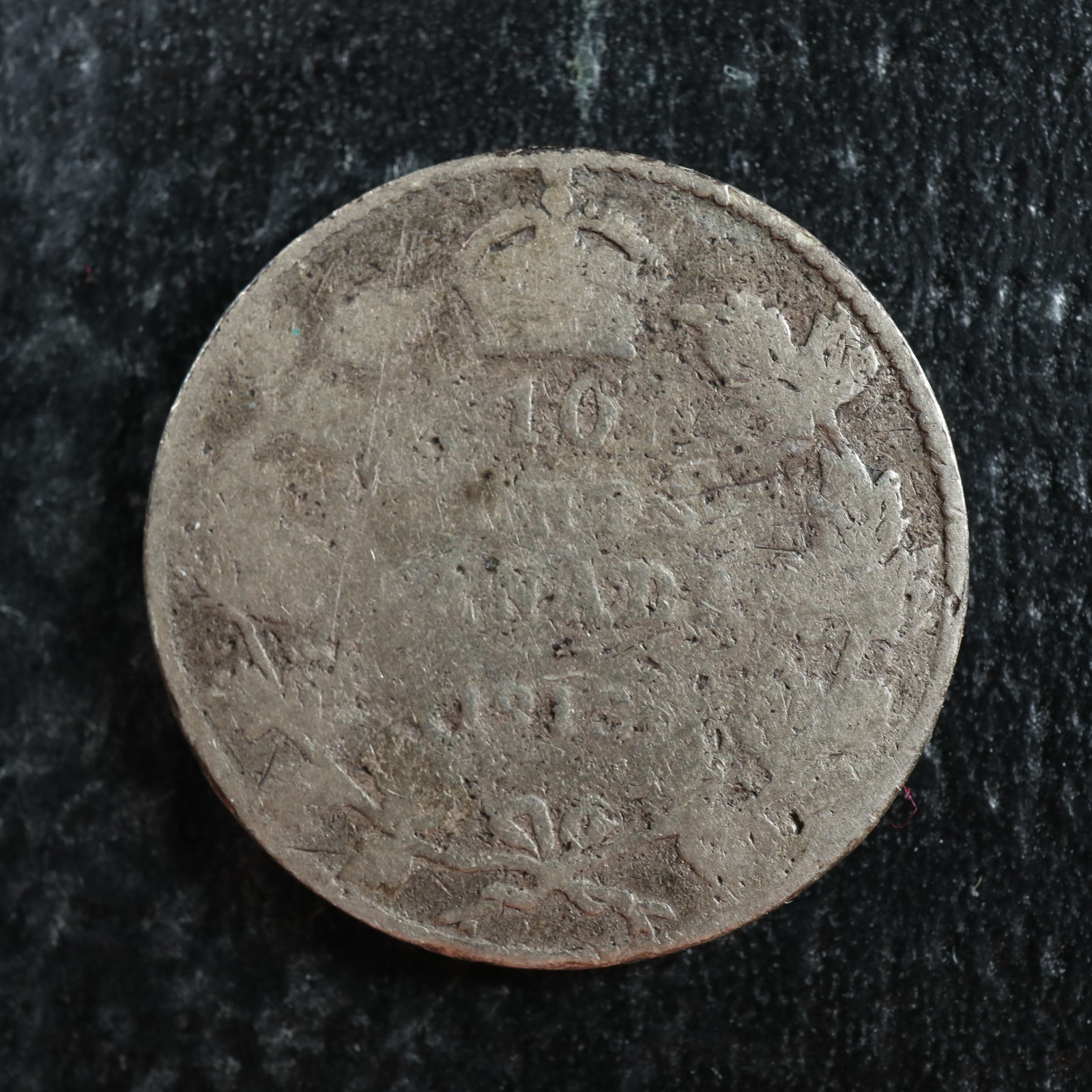 10-cents-1913-Broad-Leaves-Canada-King-George-V-silver-c-BL-dime-G-6-Damaged-277742990655-2