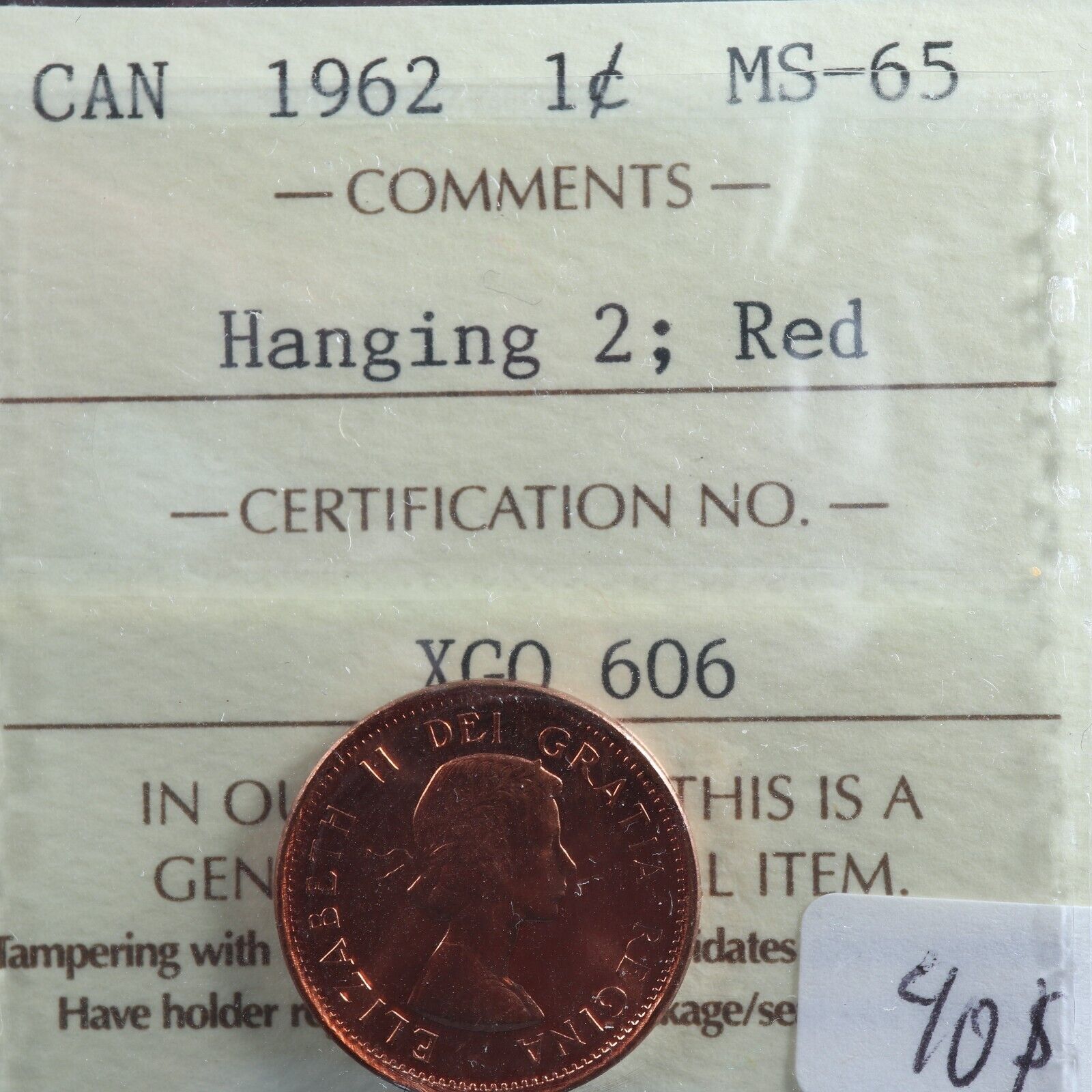 1 cent 1962 Hanging 2 Canada ICCS MS-65 Red copper Queen Elizabeth II c ¢  penny – Jetons Canada