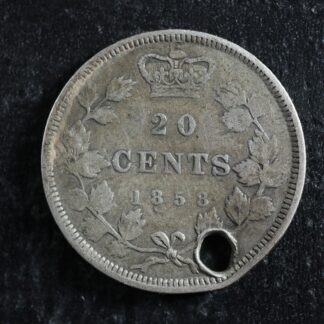 20 cents 1858 Canada silver Queen Victoria c ¢ VG-8 Holed and bent